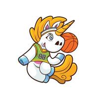 Licorne jouer basketball mignonne illustration conception vecteur