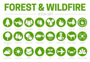 forêt et incendies icône ensemble avec feu, pin, cabine, faune, hélicoptère, pluie, temps, sapeur pompier, sauvage animal, drone, eau, avion, bénévoles, sol, sécurité, ensoleillement Icônes vecteur