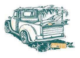 illustration de vieux un camion avec planches de surf dans le lit. art dans dépouillée lignes. vecteur