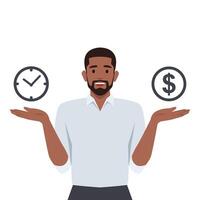 Jeune noir homme découverte équilibre sur métaphorique Balance de argent et temps. vecteur