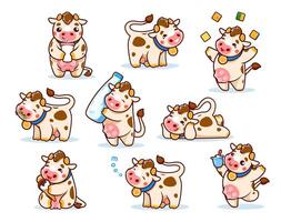 dessin animé mignonne vache animaux personnages avec Lait vecteur