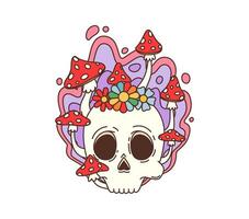 rétro sensationnel crâne avec hippie fleurs, champignons vecteur