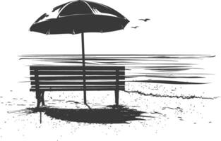 silhouette banc avec parapluie sur le plage noir Couleur seulement vecteur