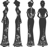 silhouette indépendant chinois femmes portant cheongsam ou zansae noir Couleur seulement vecteur
