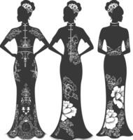 silhouette indépendant chinois femmes portant cheongsam ou zansae noir Couleur seulement vecteur