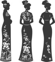 silhouette indépendant chinois femmes portant cheongsam ou zansae noir Couleur seulement vecteur