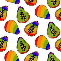 modèle de papaye, peint dans tout le couleurs de le arc-en-ciel. sans couture des fruits avec une coloré coeur contour. entier et tranché des fruits. un lgbt symbole. adapté pour site Internet, Blog, produit emballage vecteur