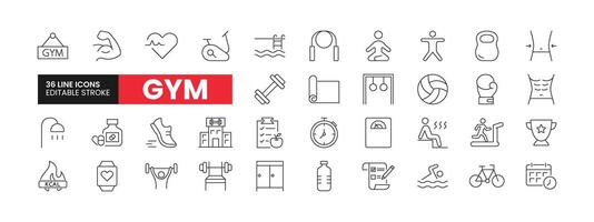 ensemble de 36 Gym ligne Icônes ensemble. contour de la salle de sport Icônes avec modifiable accident vasculaire cérébral collection. comprend haltère, yoga, Gym bâtiment, banc, exercer, et plus. vecteur