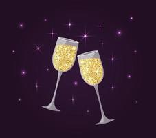 deux verres de champagne brillants tintent. conception de paillettes. vin mousseux isolé. date romantique ou célébration de la saint valentin. illustration vectorielle vecteur