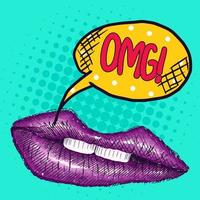 pop art dessinant des lèvres violettes avec l'inscription vecteur