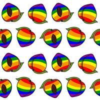 modèle de les pêches peint dans tout le couleurs de le arc en ciel avec une contour. coloré des fruits individuellement. entier moitiés dans différent pose. lgbt symbole. adapté pour site Internet, Blog, produit emballage vecteur