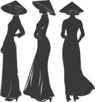 silhouette indépendant vietnamien femmes portant ao dai noir Couleur seulement vecteur