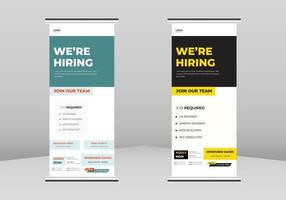 nous recrutons un design de bannière roll-up, nous embauchons un modèle de dépliant roll-up. nous embauchons un modèle d'affiche de flyer. embauche d'employés dl flyer, tendance entreprise roll up banner design, vecteur