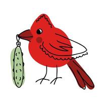 oiseau cardinal du nord dessiné à la main avec cornichon de noël dans le bec. vecteur