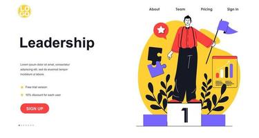 concept de bannière web de leadership. l'homme atteint ses objectifs de carrière, reçoit un prix et la première place, un modèle de page de destination de développement commercial réussi. illustration vectorielle avec scène de personnes au design plat vecteur