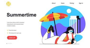 concept de bannière web de vacances d'été. femme se faisant bronzer sur la plage en bord de mer et utilise un smartphone, voyageur se reposant en mer, modèle de page de destination. illustration vectorielle avec scène de personnes au design plat vecteur