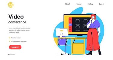 concept de bannière web de vidéoconférence. une femme passe un appel vidéo et attend des collègues lors d'une discussion de groupe. modèle de page de destination de communication en ligne. illustration vectorielle avec scène de personnes au design plat vecteur