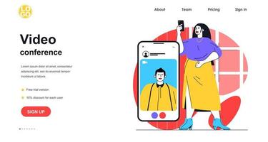 concept de bannière web de vidéoconférence. une femme passe un appel vidéo et parle avec un homme à l'aide d'un téléphone portable. modèle de page de destination de communication en ligne. illustration vectorielle avec scène de personnes au design plat vecteur