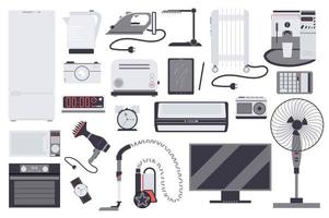 ensemble d'éléments isolés d'appareils ménagers. lot de réfrigérateur, fer à repasser, bouilloire, grille-pain, micro-ondes, four, télévision, aspirateur, ventilateur et plus encore. kit créateur pour illustration vectorielle en dessin animé plat vecteur