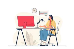 concept de streaming podcast pour bannière web. une femme avec un casque parle dans un microphone et diffuse une scène de personne moderne en direct. illustration vectorielle dans un dessin animé plat avec des personnages de personnes vecteur