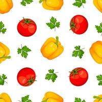 modèle sans couture de paprika doux, poivre bulgare jaune, tomate rouge et persil isolé sur fond blanc. illustration vectorielle de légumes. modes de cuisson avec des légumes frais vecteur