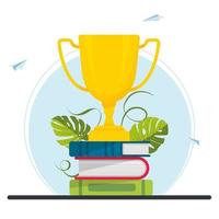 coupe d'or, trophée sur une pile de livres. réussite dans l'éducation, bourse d'études, apprentissage à distance, objectif commercial, idée, cours en ligne. célébration du succès. illustration vectorielle. vecteur