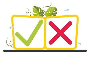 bouton cocher et croix signe avec des feuilles sur l'arrière-plan. vote, choix électoral, coches. marques de liste de contrôle, options de choix, signes d'enquête. choix oui ou non .vector illustration vecteur