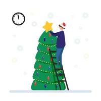 homme solitaire dans les escaliers décorer avec l'arbre du nouvel an étoile, le nouvel an et noël, illustration plate - célébration des vacances - nouvel an, vecteur de dessin animé isolé sur fond blanc