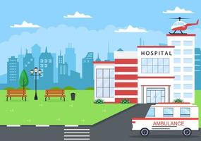 bâtiment de l'hôpital pour l'illustration vectorielle de fond de soins de santé avec, voiture d'ambulance, médecin, patient, infirmières et extérieur de la clinique médicale