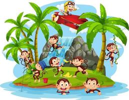 île isolée avec dessin animé de petits singes vecteur