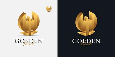 Modèle de conception de logo de faucon doré de luxe 3D. logo et icônes d'aigle, de faucon ou de garuda vecteur