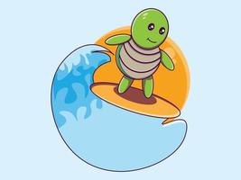 illustration de personnage de dessin animé de surf de tortue mignonne de vecteur