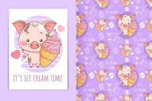 mignon bébé cochon avec illustration de dessin animé de crème glacée et ensemble de motifs sans couture vecteur