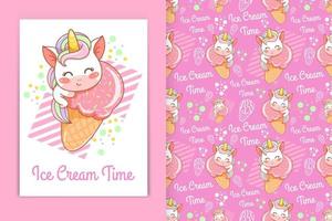 mignon bébé licorne étreignant illustration de dessin animé de crème glacée et ensemble de motifs sans couture vecteur