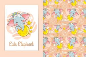 mignon bébé éléphant avec illustration de dessin animé lune et petite étoile et ensemble de motifs harmonieux vecteur