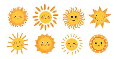 mignonne Soleil illustration ensemble. Soleil avec différent des rayons et émotions. enfants plat illustration. ensoleillement agrafe art graphique dessiné à la main numérique illustrations. blanc isolé Contexte. vecteur