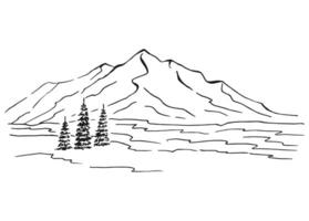 Montagne avec pin des arbres et lac. main tiré illustration. vecteur