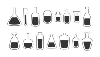 verre navire bouteille avec liquide contour Icônes ensemble vecteur