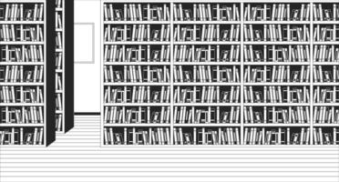 Publique bibliothèque intérieur noir et blanc ligne illustration. étagères avec divers Littérature dans boutique 2d intérieur monochrome Contexte. librairie avec haute racks contour scène image vecteur