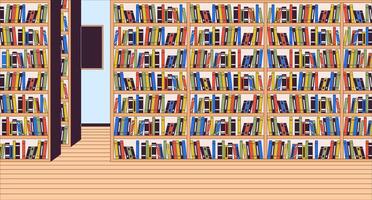 Publique bibliothèque intérieur dessin animé plat illustration. étagères avec divers Littérature dans boutique 2d ligne intérieur coloré Contexte. librairie avec haute racks scène narration image vecteur