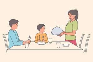 soins femme sert dîner à mari et fils séance à tableau, pendant famille vacances vecteur