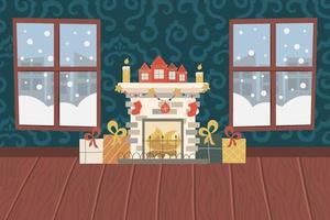 salon de noël avec cheminée, parquet, papier peint à motifs et fenêtres enneigées. cheminée avec bougies, cadeaux et chaussettes, maisons avec guirlandes. illustration vectorielle pour un intérieur festif.