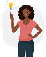 Nouveau idée concept. africain fille a trouvé une Solution à le problème. femme montrer du doigt sa doigt à une lumière ampoule. vecteur