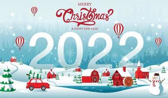 joyeux noël, bonne année, 2022, doré, fantaisie de paysage, illustration vectorielle. vecteur