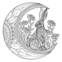 lapin et lune dessinés à la main pour un livre de coloriage pour adultes vecteur