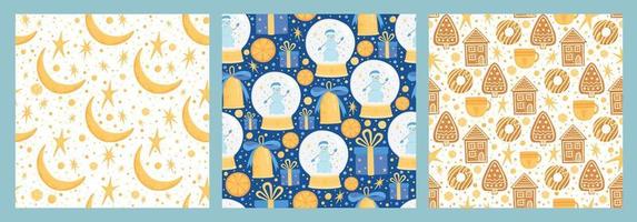 ensemble de modèles sans couture de noël. illustration vectorielle pour votre conception de vacances avec motif coloré. décoration de noël sapin avec lune, étoiles, cloche d'or, boule à neige, bonhomme de neige, biscuit, beignet, maison vecteur