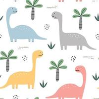 dinosaures colorés et modèle sans couture d'arbres. fond d'animal de dessin animé mignon dessiné à la main dans le style des enfants. conception utilisée pour l'impression, le papier peint, la décoration, le tissu, le textile, l'illustration vectorielle. vecteur