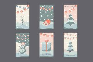 carte de voeux de noël style mignon dessiné à la main et couleurs pastel assorties à la mode. arbre de noël et bonhomme de neige avec boîte-cadeau sur congère avec guirlande et flocons de neige vecteur