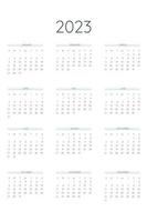 Modèle de calendrier 2023 dans un style strict classique. calendrier mensuel calendrier individuel minimalisme design sobre pour ordinateur portable professionnel. la semaine commence le dimanche vecteur