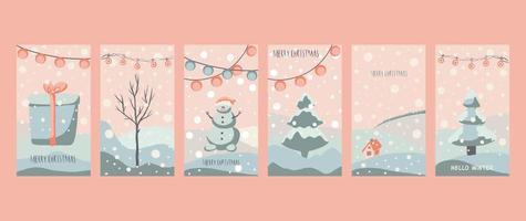 carte de voeux de noël style mignon dessiné à la main et couleurs pastel assorties à la mode. arbre de noël et bonhomme de neige avec boîte-cadeau sur congère avec guirlande et flocons de neige vecteur